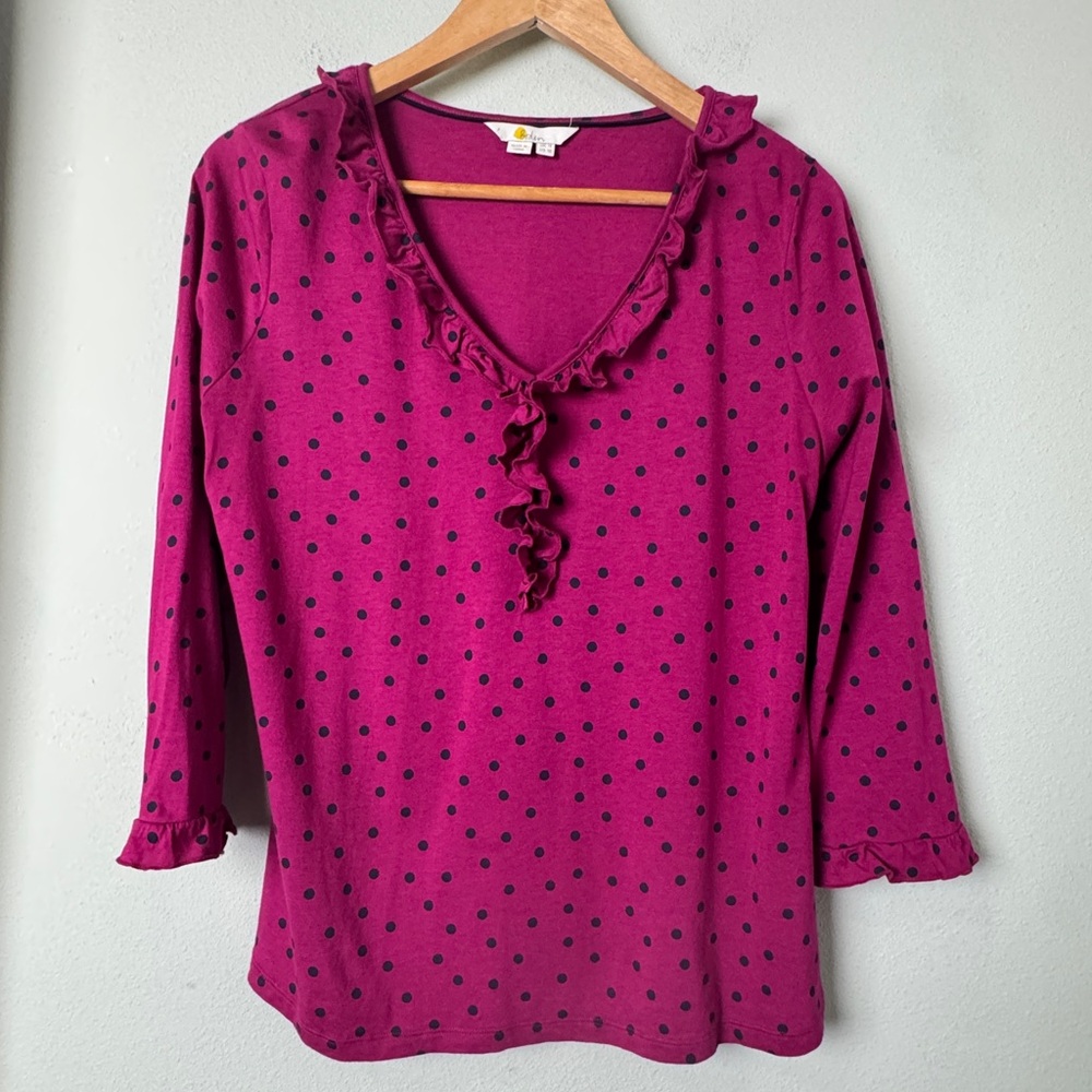 BODEN Frederica Magenta Polka Dot Ruffle Jersey Blouse Top Retro Career Size 10